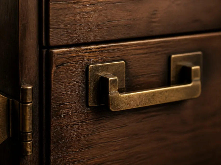 Messingbeschlag an dunklem Nussbaumschrank