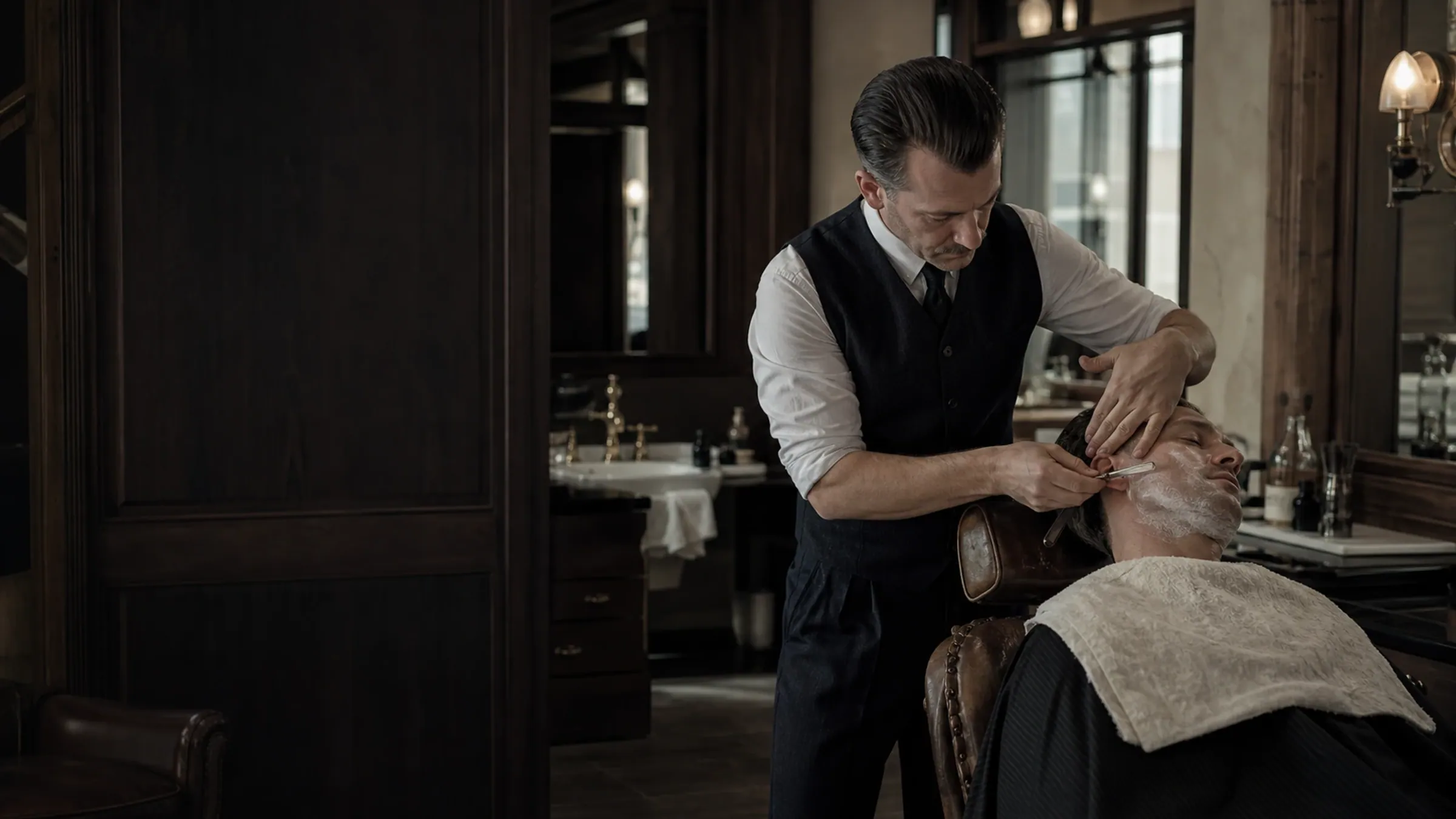 Barbier bei der Rasur eines sitzenden Gastes im Spiegelsaal des Hauses
