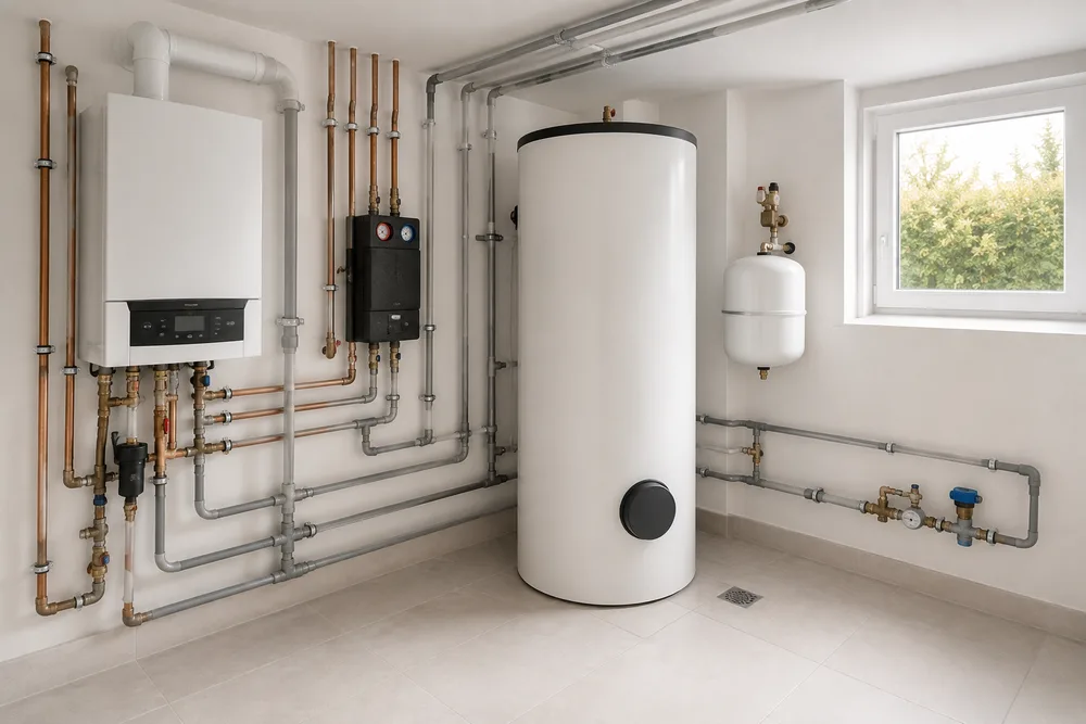 Technikraum mit Boiler, Wärmeerzeuger und sauber verlegten Leitungen